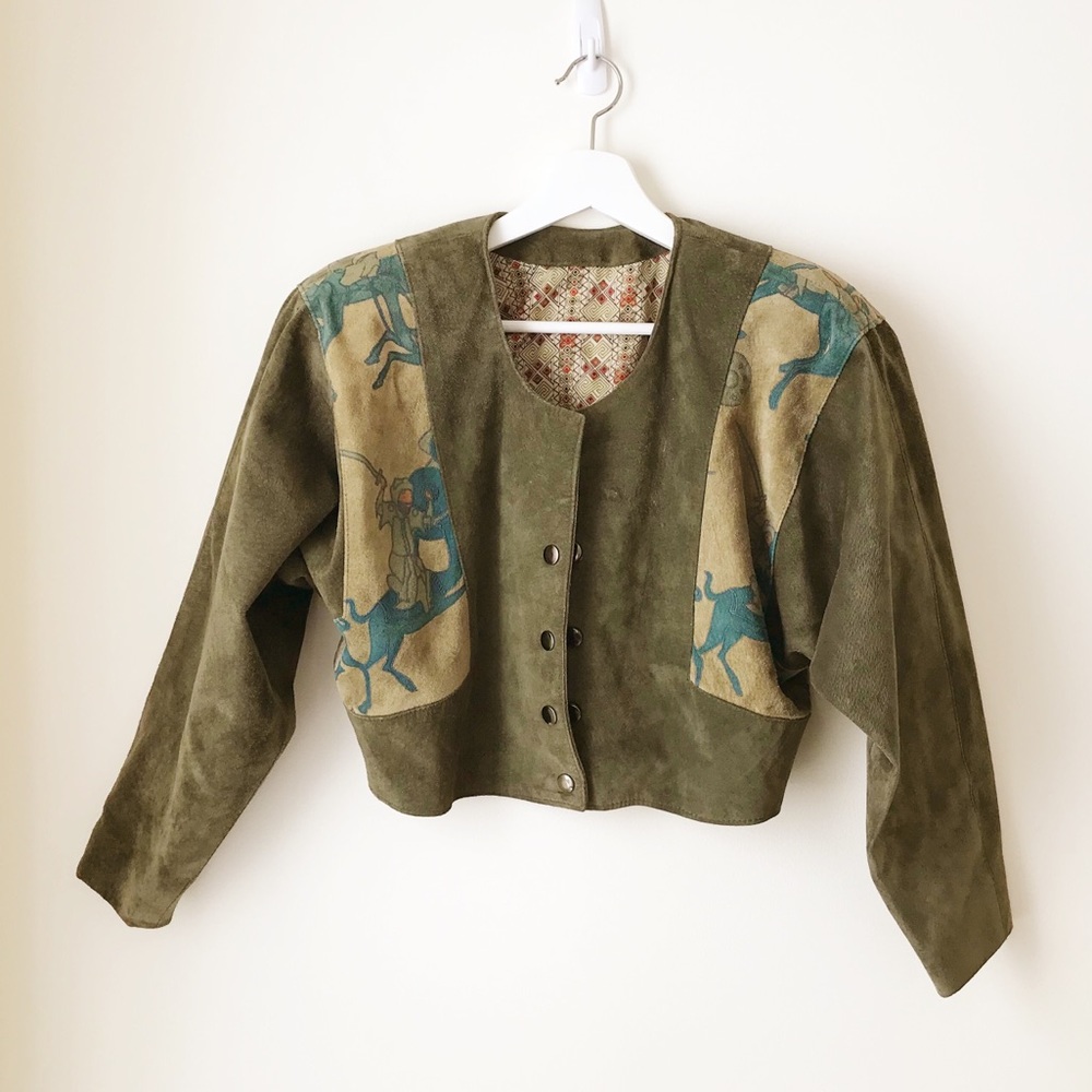 Olive suede 2piece crop jacket & skirt set - Picture 4 of 16
